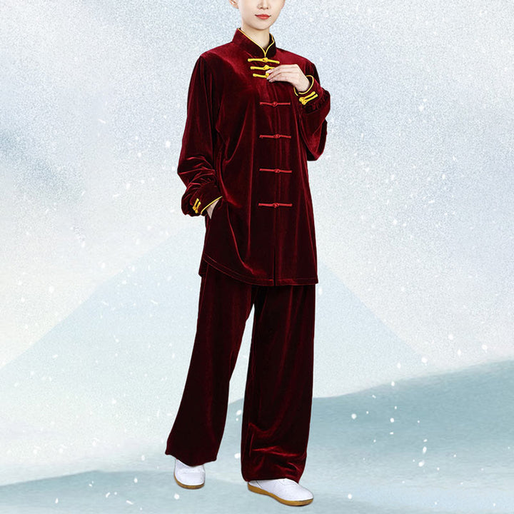 Buddha Stones 2Pcs Fall Winter Tai Chi Qigong Practice Unisex Frog-Button Meditation Velour Clothing Set - image 6