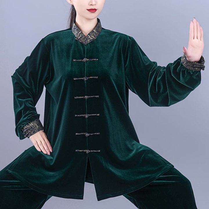 Buddha Stones 2Pcs Fall Winter Tai Chi Qigong Auspicious Clouds Stand Collar Frog-Button Unisex Velour Meditation Clothing Set