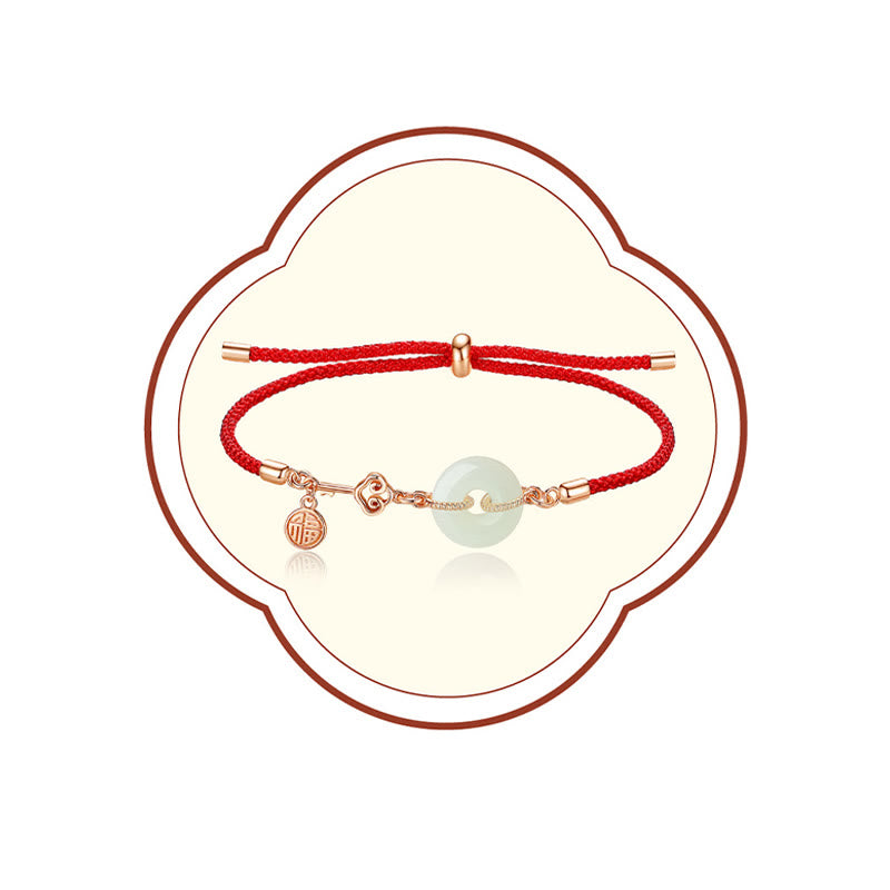 Buddha Stones Natural Hetian Jade Peace Buckle 925 Sterling Silver Red String Fu Character Protection Luck Bracelet