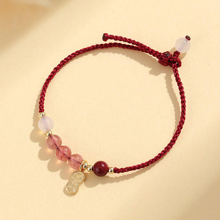 Buddha Stones Natural Strawberry Quartz Jade White Agate Red String Positive Bracelet