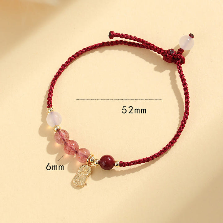 Buddha Stones Natural Strawberry Quartz Jade White Agate Red String Positive Bracelet