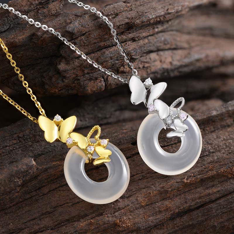 Buddha Stones 925 Sterling Silver Butterfly Chalcedony Peace Buckle Blessing Luck Necklace Pendant - image 3