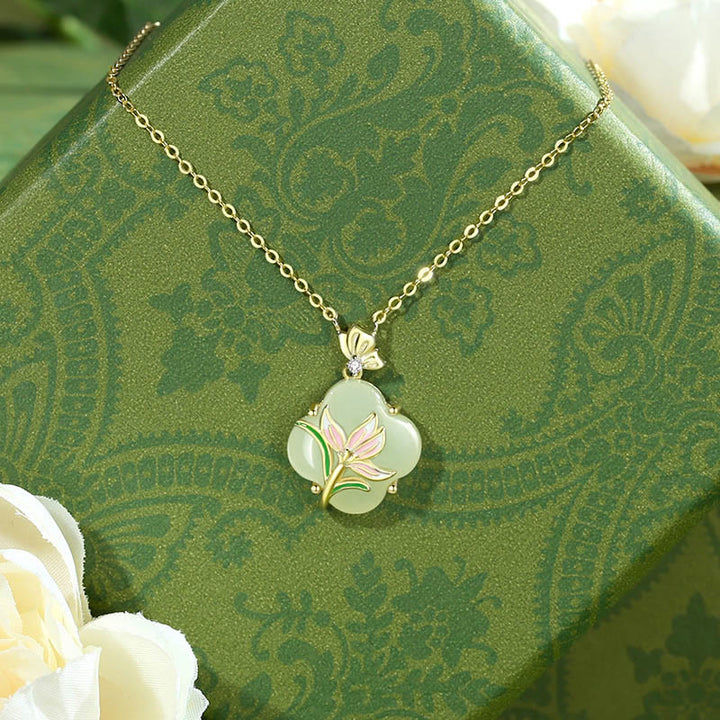 Buddha Stones 925 Sterling Silver Magnolia Butterfly Hetian Jade Four Leaf Clover Blessing Earrings Necklace Pendant