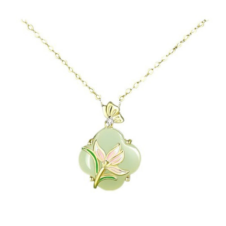 Buddha Stones 925 Sterling Silver Magnolia Butterfly Hetian Jade Four Leaf Clover Blessing Earrings Necklace Pendant