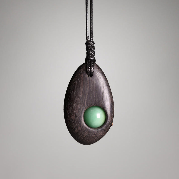 Buddha Stones Ebony Wood Green Aventurine Peace Calm Necklace Pendant