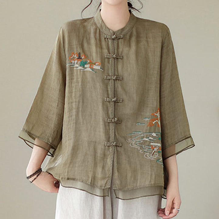 Buddha Stones Embroidery Frog-button Design Three Quarter Sleeve Women's Shirt