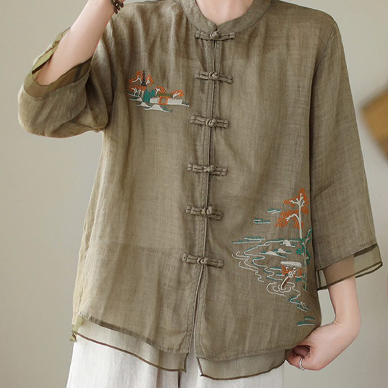 Buddha Stones Embroidery Frog-button Design Three Quarter Sleeve Women's Shirt