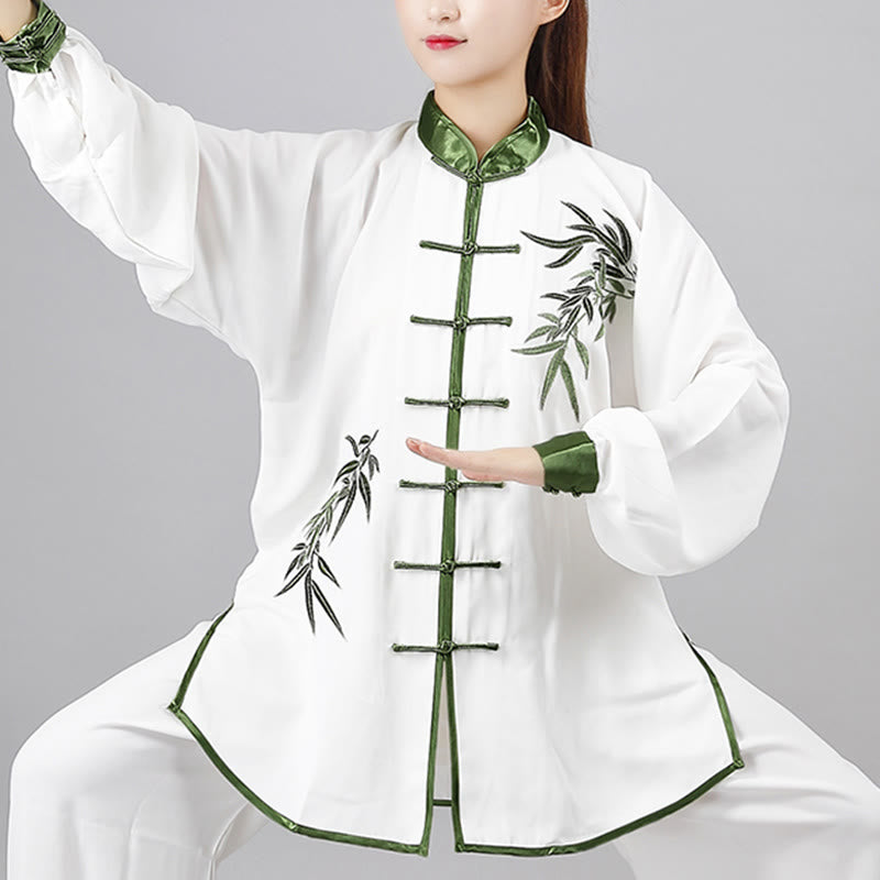 Buddha Stones 2Pcs Fall Green Bamboo Leaves Embroidery Frog-Button Tai Chi Meditation Qigong Zen Practice Unisex Cotton Clothing Set - image 1