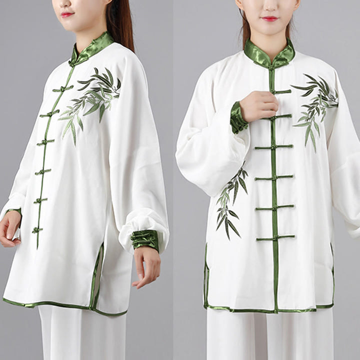 Buddha Stones 2Pcs Fall Green Bamboo Leaves Embroidery Frog-Button Tai Chi Meditation Qigong Zen Practice Unisex Cotton Clothing Set - image 2