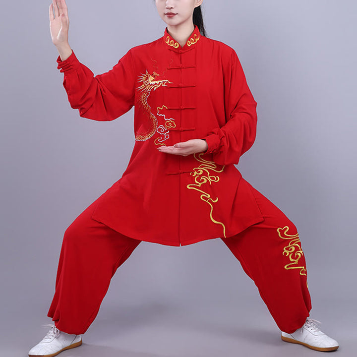 Buddha Stones 2Pcs Fall Embroidery Dragon Frog-Button Tai Chi Meditation Qigong Zen Practice Unisex Cotton Clothing Set