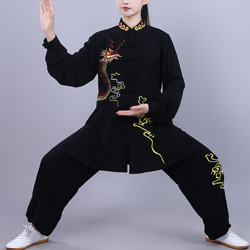 Buddha Stones 2Pcs Fall Embroidery Dragon Frog-Button Tai Chi Meditation Qigong Zen Practice Unisex Cotton Clothing Set - image 1