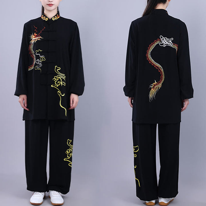 Buddha Stones 2Pcs Fall Embroidery Dragon Frog-Button Tai Chi Meditation Qigong Zen Practice Unisex Cotton Clothing Set - Black - 3XL-FIT FOR US/UK/AU/EU-XL - image 0