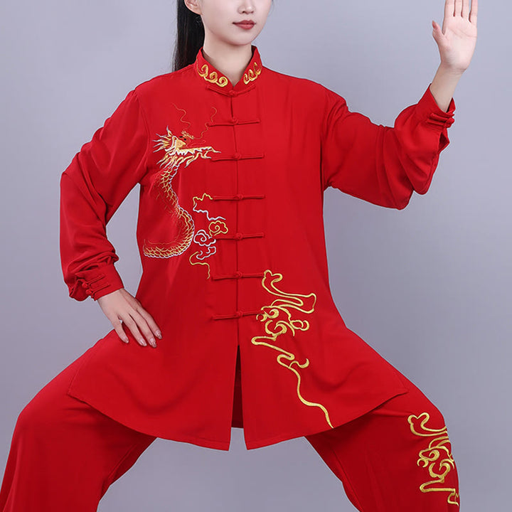 Buddha Stones 2Pcs Fall Embroidery Dragon Frog-Button Tai Chi Meditation Qigong Zen Practice Unisex Cotton Clothing Set