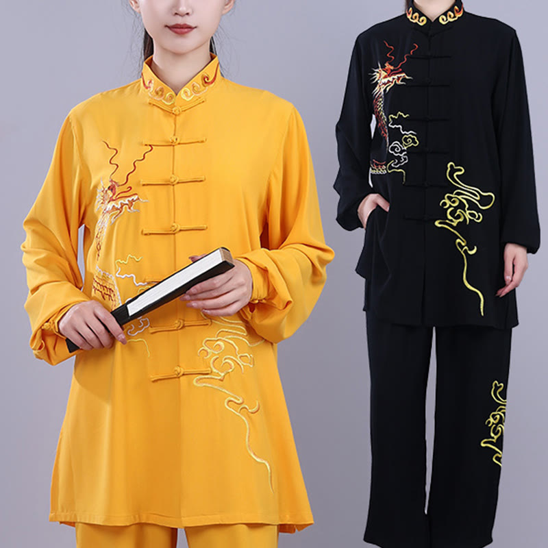 Buddha Stones 2Pcs Fall Embroidery Dragon Frog-Button Tai Chi Meditation Qigong Zen Practice Unisex Cotton Clothing Set