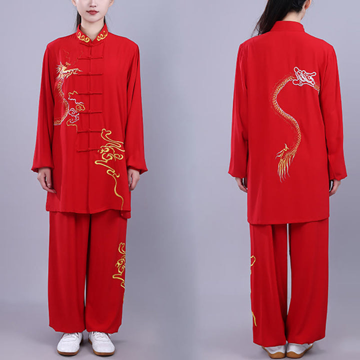 Buddha Stones 2Pcs Fall Embroidery Dragon Frog-Button Tai Chi Meditation Qigong Zen Practice Unisex Cotton Clothing Set