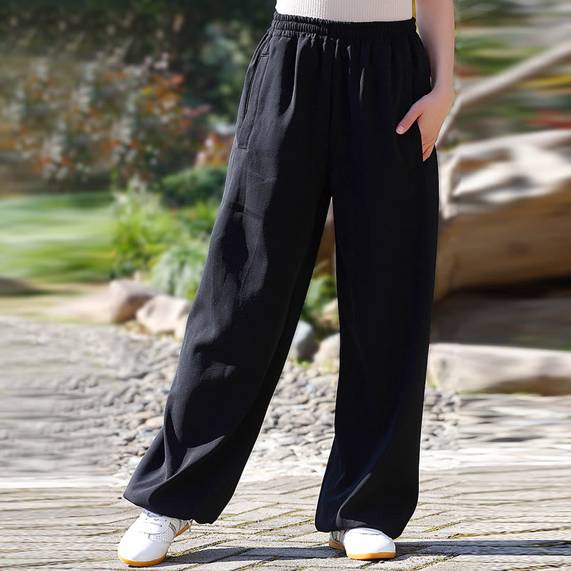 Buddha Stones Fall Winter Unisex Elastic Waist Tai Chi Qigong Practice Cotton Linen Fleece Lined Pants With Pockets - image 14