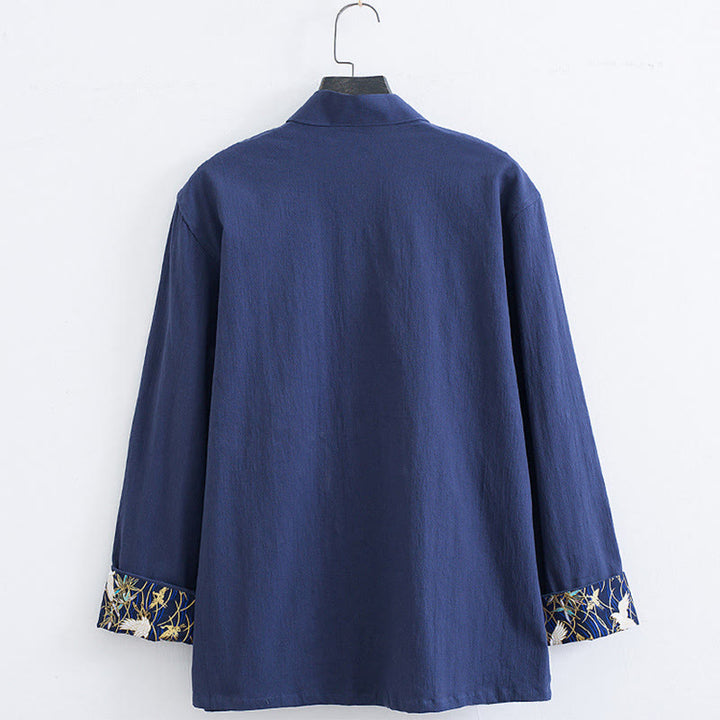 Buddha Stones Men's Frog-Button Tang Suit Cotton White Crane Embroidery Jacket Shirt With Pockets - image 11