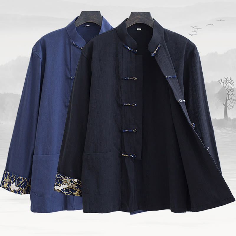 Buddha Stones Men's Frog-Button Tang Suit Cotton White Crane Embroidery Jacket Shirt With Pockets - image 1