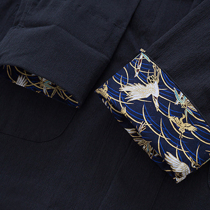 Buddha Stones Men's Frog-Button Tang Suit Cotton White Crane Embroidery Jacket Shirt With Pockets - image 6