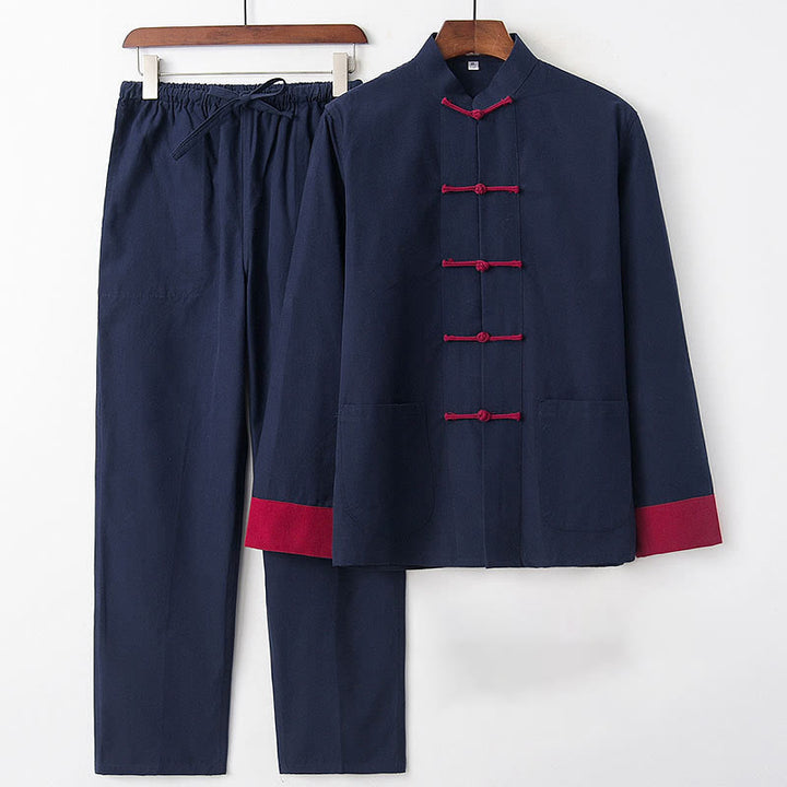 Buddha Stones 2Pcs Fall Men's Tang Suit Frog-Button Cotton Long Sleeve Shirt Pants Set - Navy Blue Red Sleeve - US/UK/AU46，EU56 (5XL) - image 0