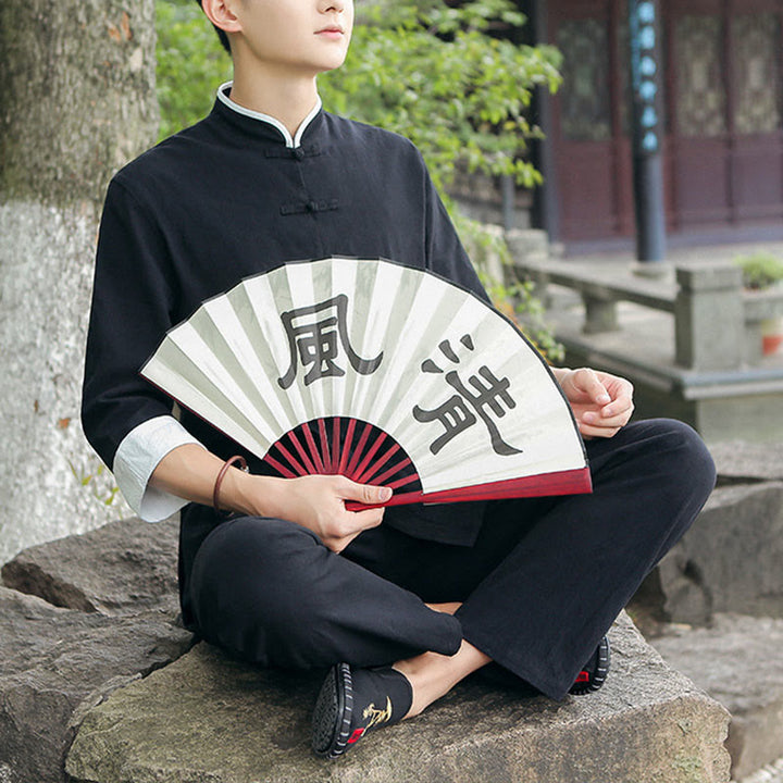 Buddha Stones 2Pcs Fall Men's Tang Suit Frog-Button Cotton Three Quarter Sleeve Shirt Pants Set - image 10