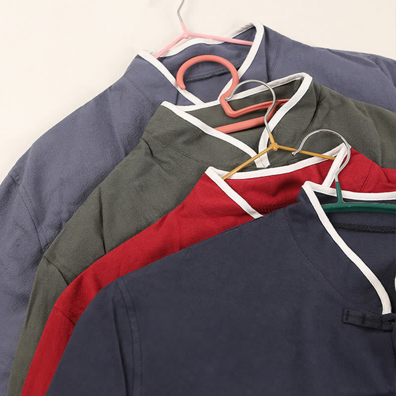 Buddha Stones 2Pcs Fall Men's Tang Suit Frog-Button Cotton Three Quarter Sleeve Shirt Pants Set - image 20