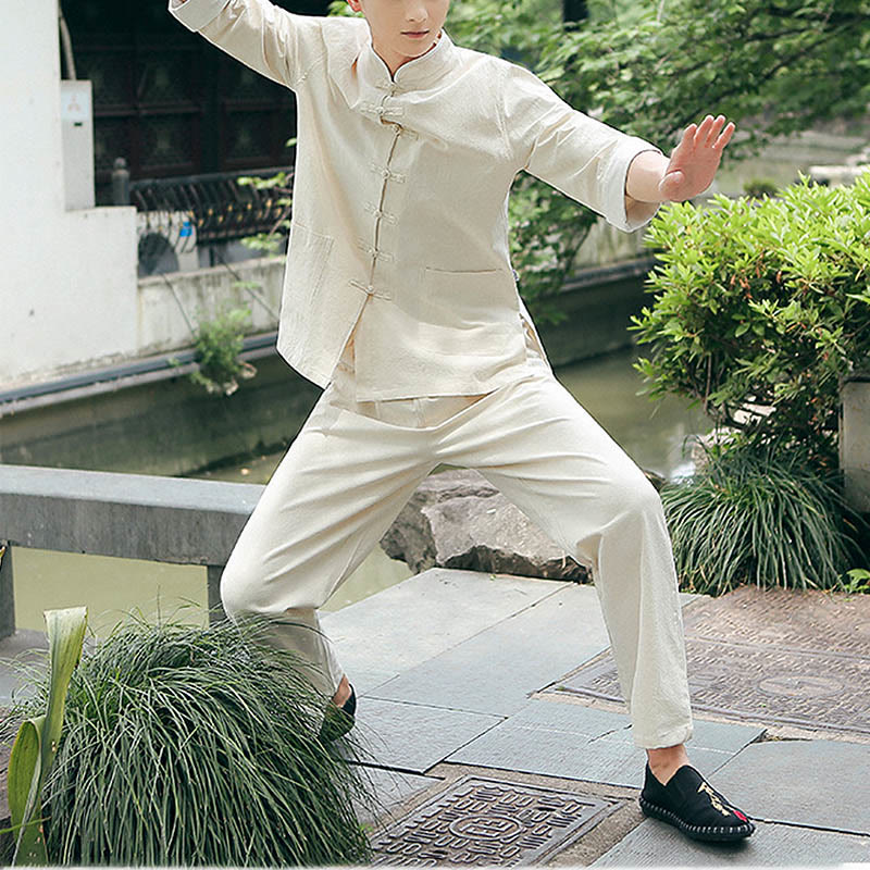 Buddha Stones 2Pcs Fall Men's Tang Suit Frog-Button Cotton Three Quarter Sleeve Shirt Pants Set - image 5