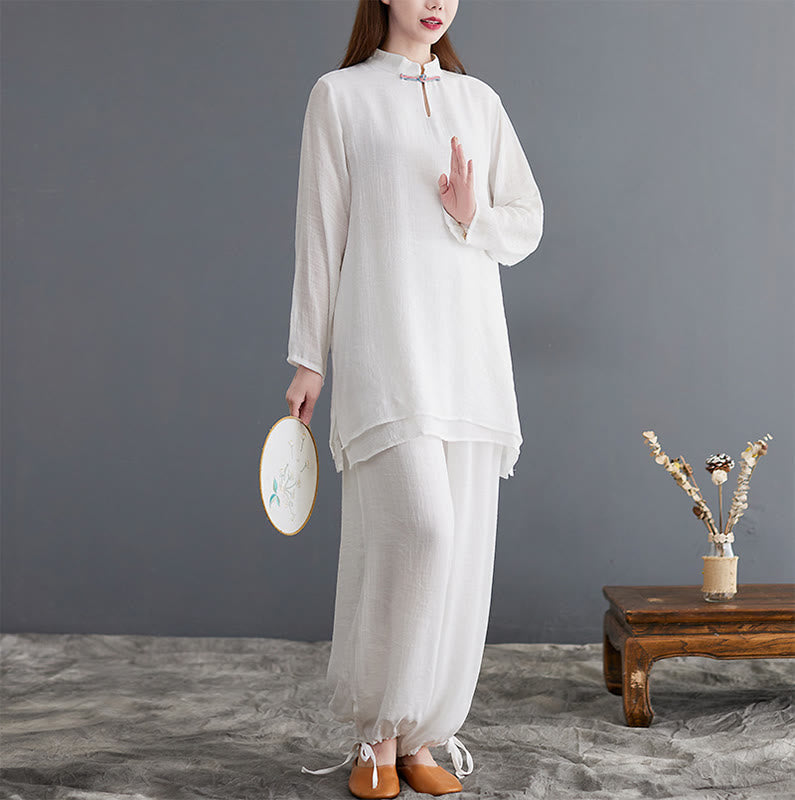 Buddha Stones 2Pcs Solid Women's Long Sleeve Shirt Pants Meditation Clothing Set - White - US8-10，UK/AU12-14，EU40-42 (2XL) - image 13