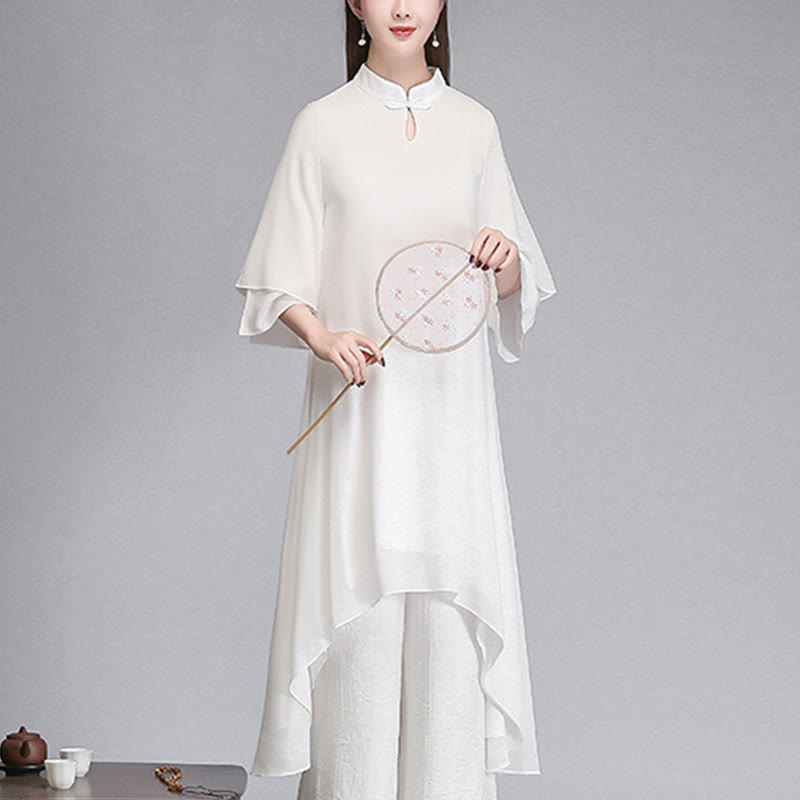 Buddha Stones Solid Women's Three Quarter Sleeve Chiffon Irregular Shirt Dress Wide Leg Pants Meditation Clothing