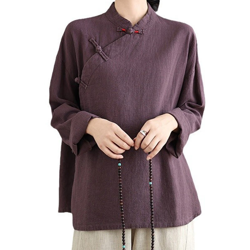 Buddha Stones Solid Color Frog-Button Long Sleeve Women's Shirt