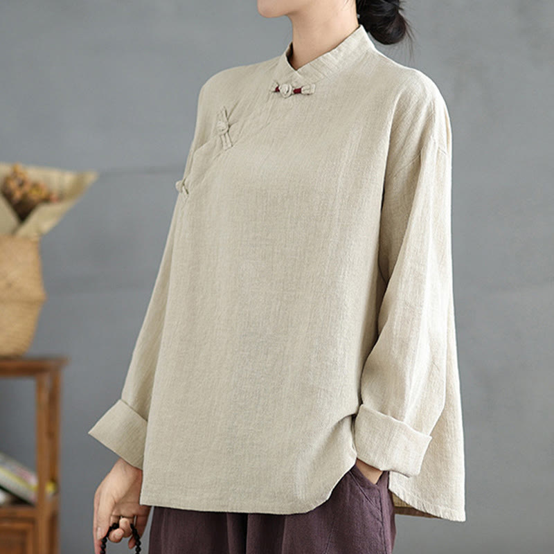 Buddha Stones Solid Color Frog-Button Long Sleeve Women's Shirt - image 3