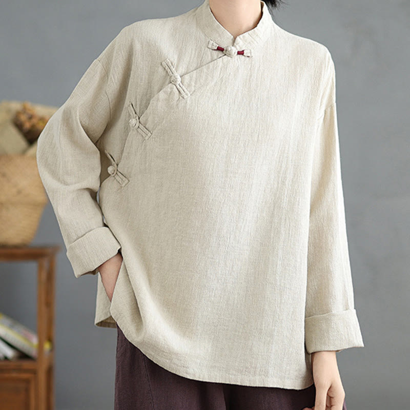 Buddha Stones Solid Color Frog-Button Long Sleeve Women's Shirt - image 2