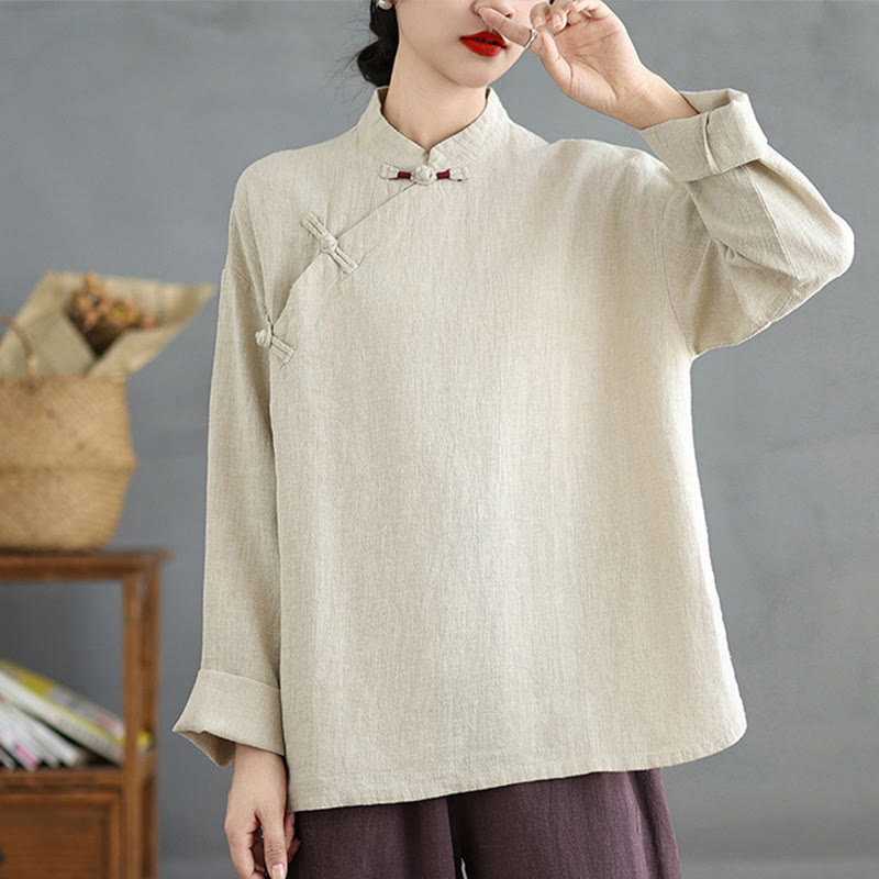 Buddha Stones Solid Color Frog-Button Long Sleeve Women's Shirt - image 1