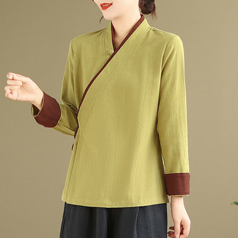 Buddha Stones Fall Solid Color Hanfu Long Sleeve Lace Up Women's Shirt - DarkKhaki - US8-10，UK/AU12-14，EU40-42 (2XL) - image 8