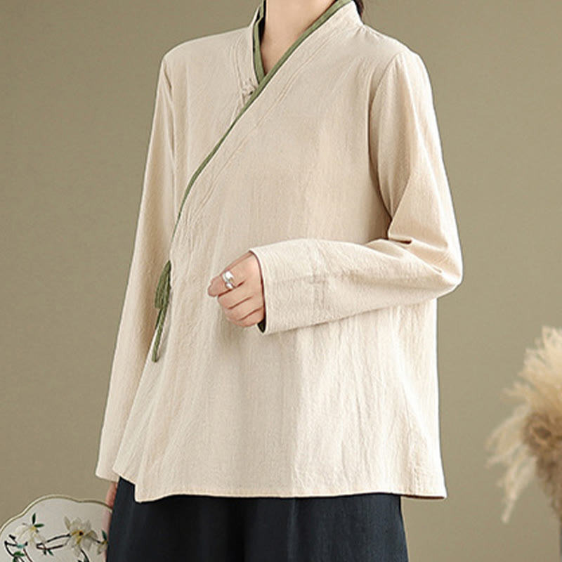 Buddha Stones Fall Solid Color Hanfu Long Sleeve Lace Up Women's Shirt - image 6