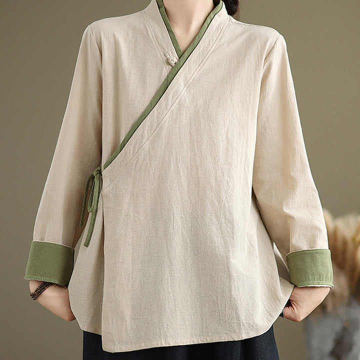 Buddha Stones Fall Solid Color Hanfu Long Sleeve Lace Up Women's Shirt - image 1