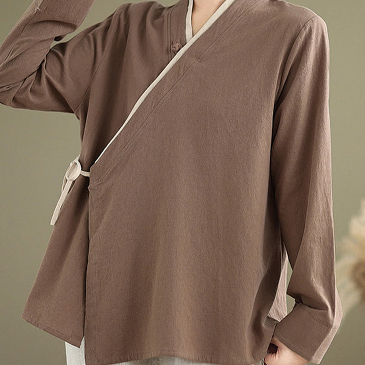 Buddha Stones Fall Solid Color Hanfu Long Sleeve Lace Up Women's Shirt - image 20