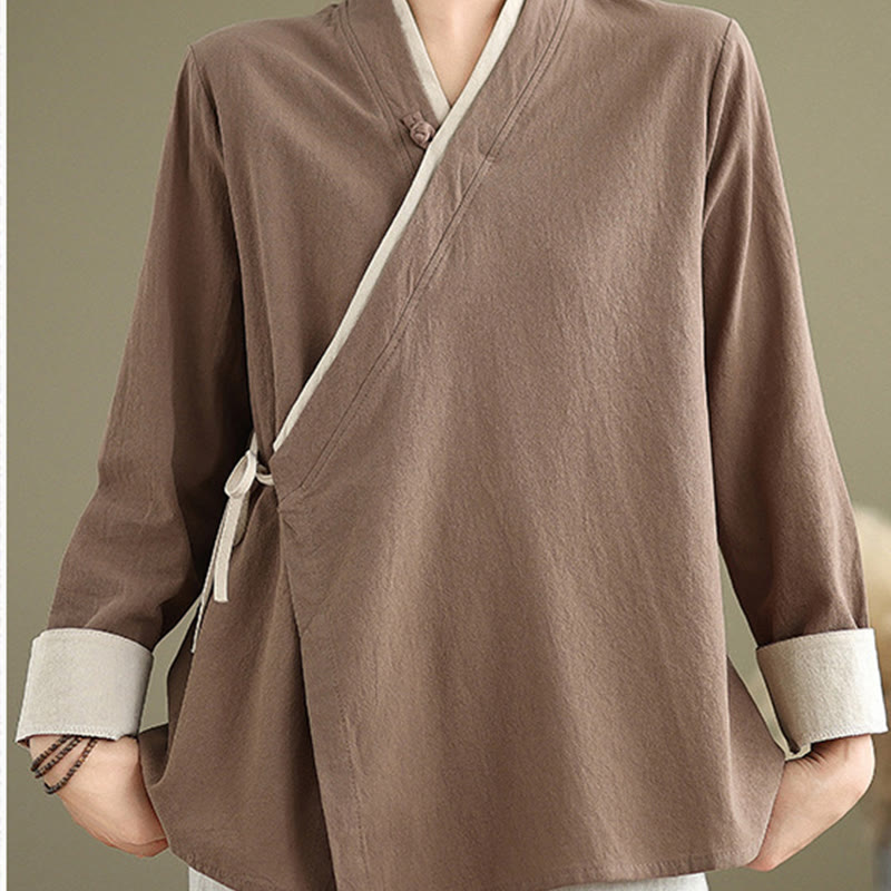 Buddha Stones Fall Solid Color Hanfu Long Sleeve Lace Up Women's Shirt - DarkGoldenrod - US8-10，UK/AU12-14，EU40-42 (2XL) - image 18