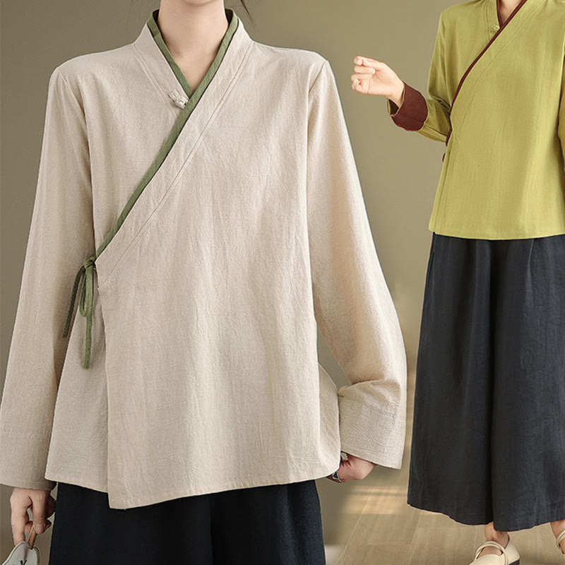 Buddha Stones Fall Solid Color Hanfu Long Sleeve Lace Up Women's Shirt - image 7