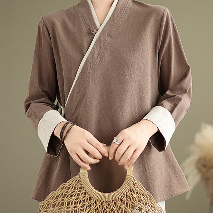 Buddha Stones Fall Solid Color Hanfu Long Sleeve Lace Up Women's Shirt - image 22