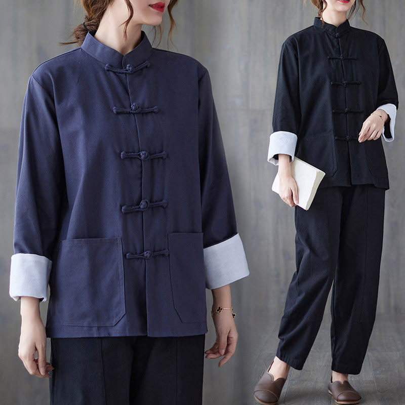 Buddha Stones Women's Frog-Button Long Sleeve Shirt Pants Meditation Cotton Linen Clothing - image 20