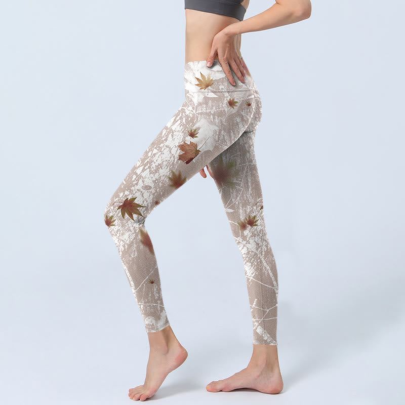 Buddha Stones Maple Leaves Branches Print Gym Leggings Women's Yoga Pants - image 3