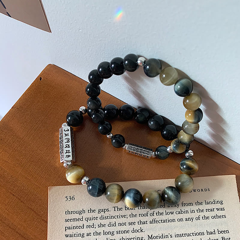 Buddha Stones Natural Black Obsidian Tiger's Eye Six True Words 'om Mani Padme Hum' Strength Love Bracelet