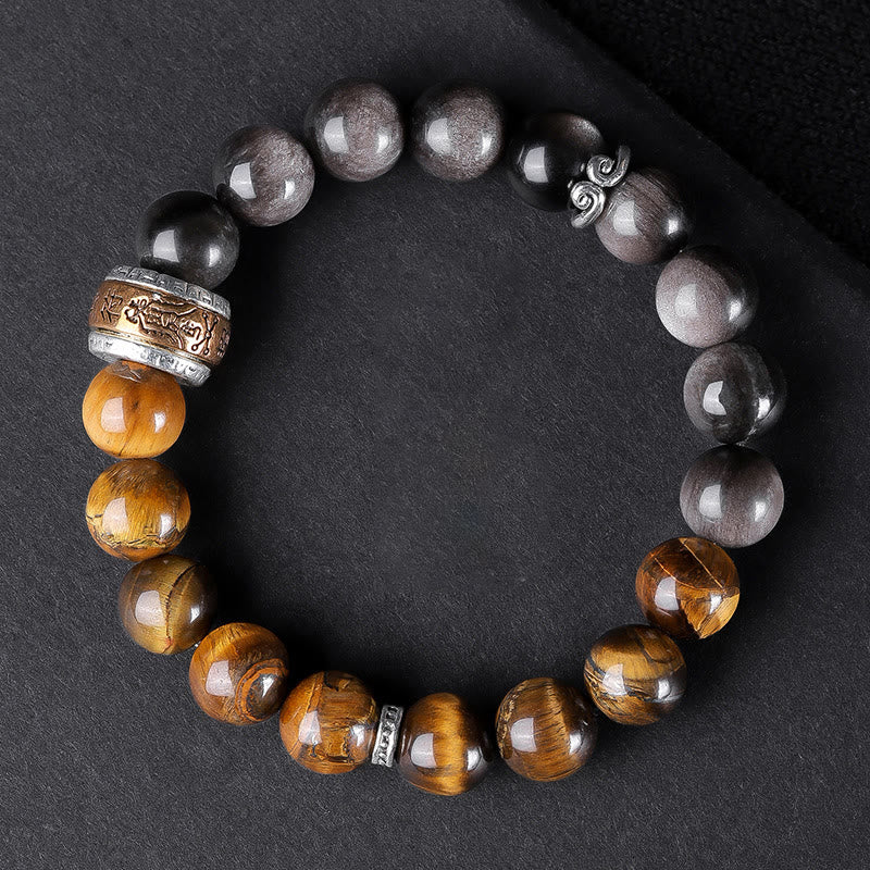 Buddha Stones Natural Silver Sheen Obsidian Tiger's Eye Six True Words 'om Mani Padme Hum'  Strength Bracelet