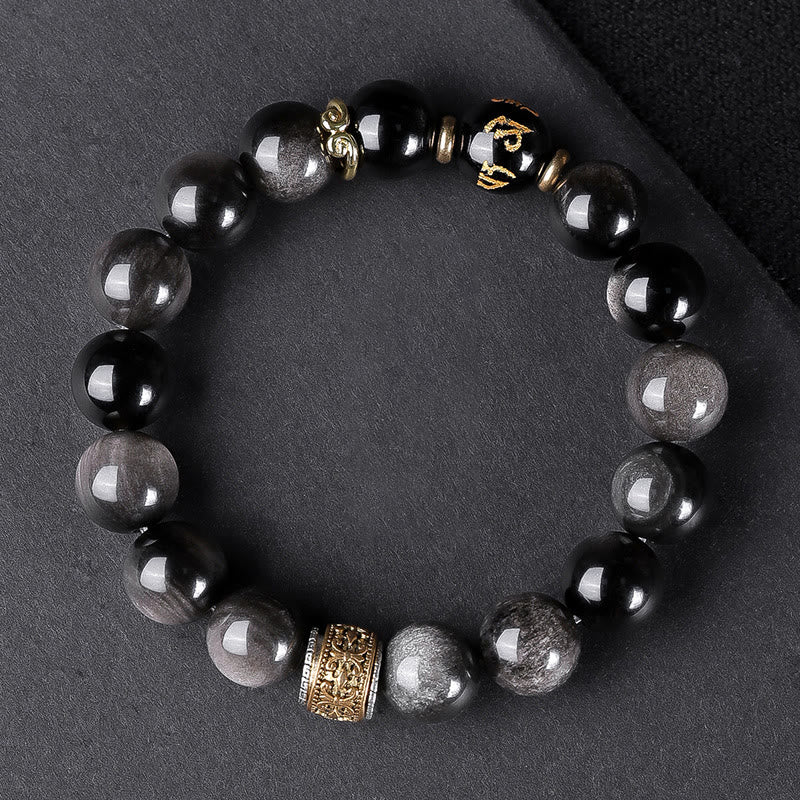 Buddha Stones Natural Silver Sheen Obsidian Tiger's Eye Six True Words 'om Mani Padme Hum'  Strength Bracelet