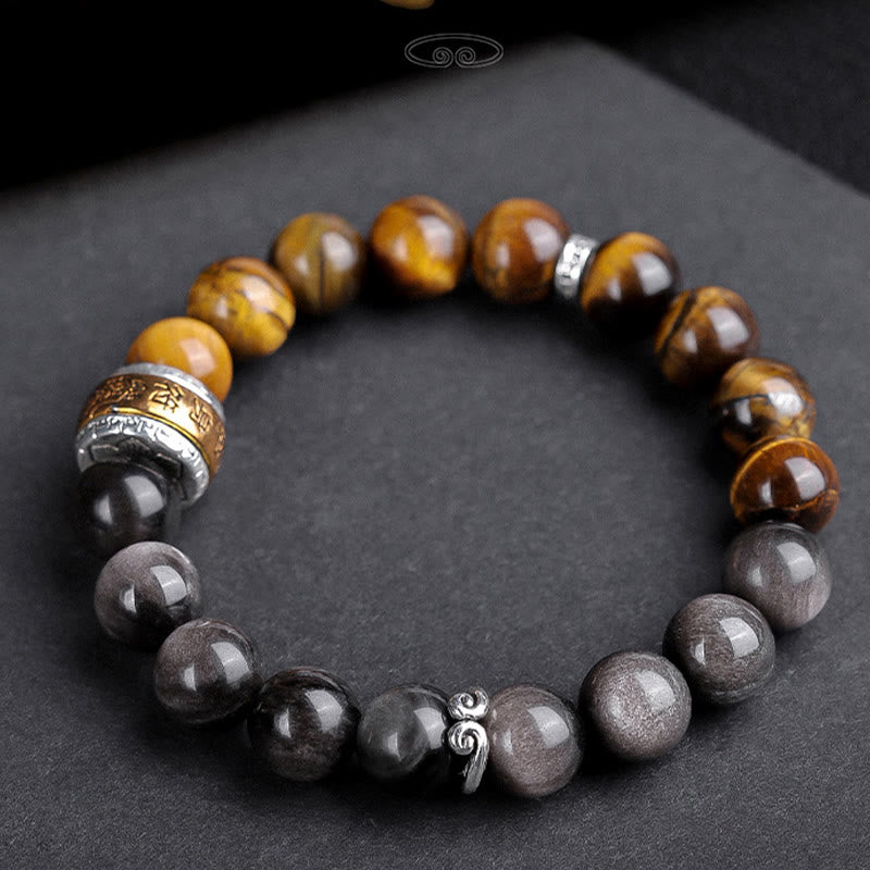 Buddha Stones Natural Silver Sheen Obsidian Tiger's Eye Six True Words 'om Mani Padme Hum'  Strength Bracelet