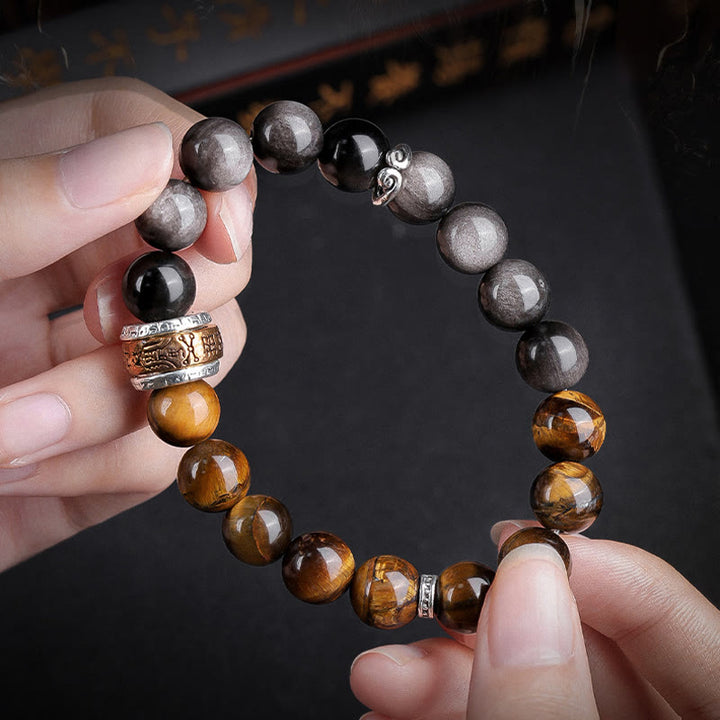 Buddha Stones Natural Silver Sheen Obsidian Tiger's Eye Six True Words 'om Mani Padme Hum'  Strength Bracelet