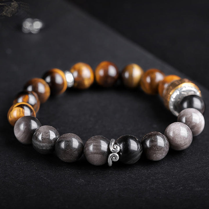 Buddha Stones Natural Silver Sheen Obsidian Tiger's Eye Six True Words 'om Mani Padme Hum'  Strength Bracelet