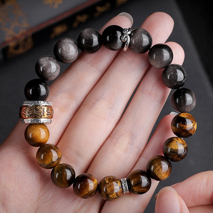 Buddha Stones Natural Silver Sheen Obsidian Tiger's Eye Six True Words 'om Mani Padme Hum'  Strength Bracelet