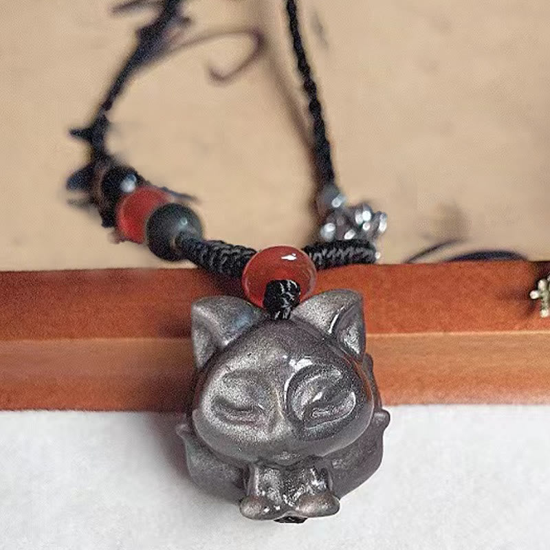 Buddha Stones Natural Silver Sheen Obsidian Nine Tailed Fox Protection Necklace Pendant